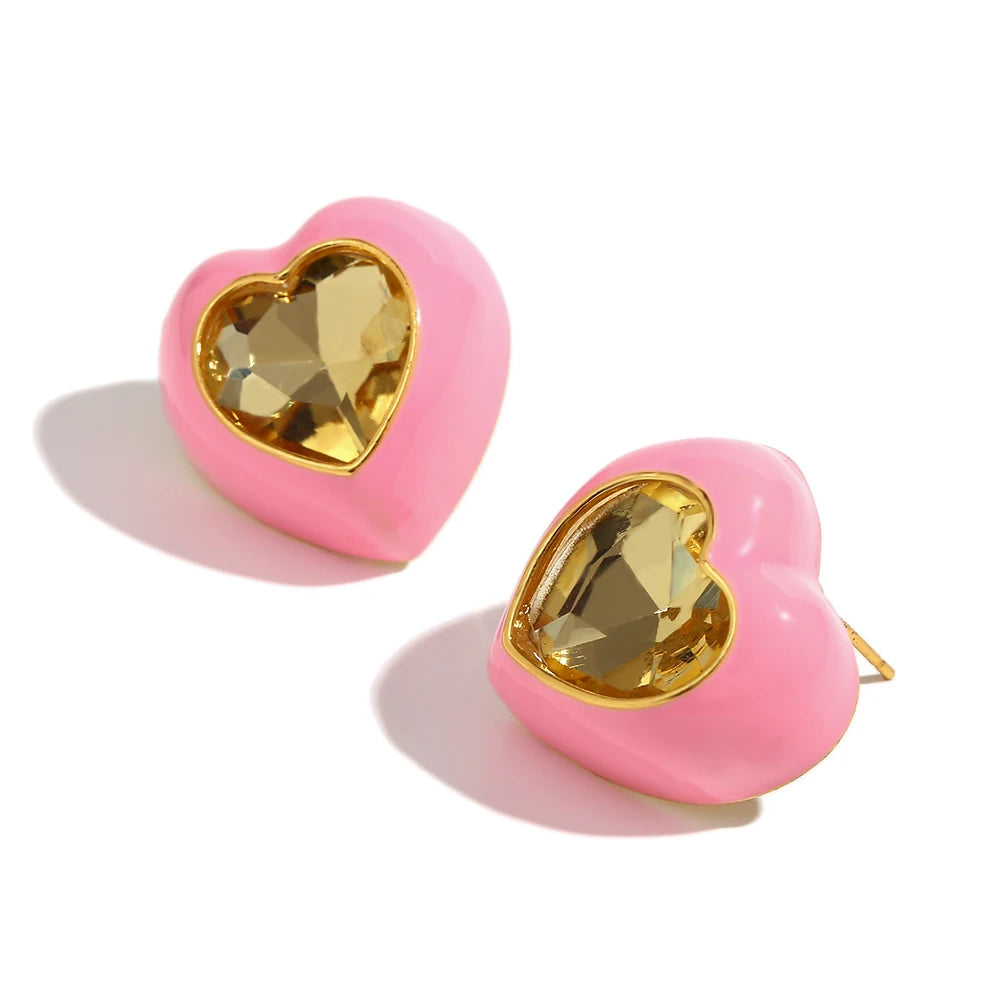Heart Enamel Rhinestone Earrings