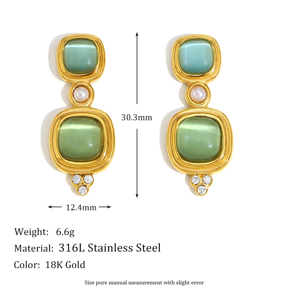 Vintage Pearl & Green Rectangular Earrings