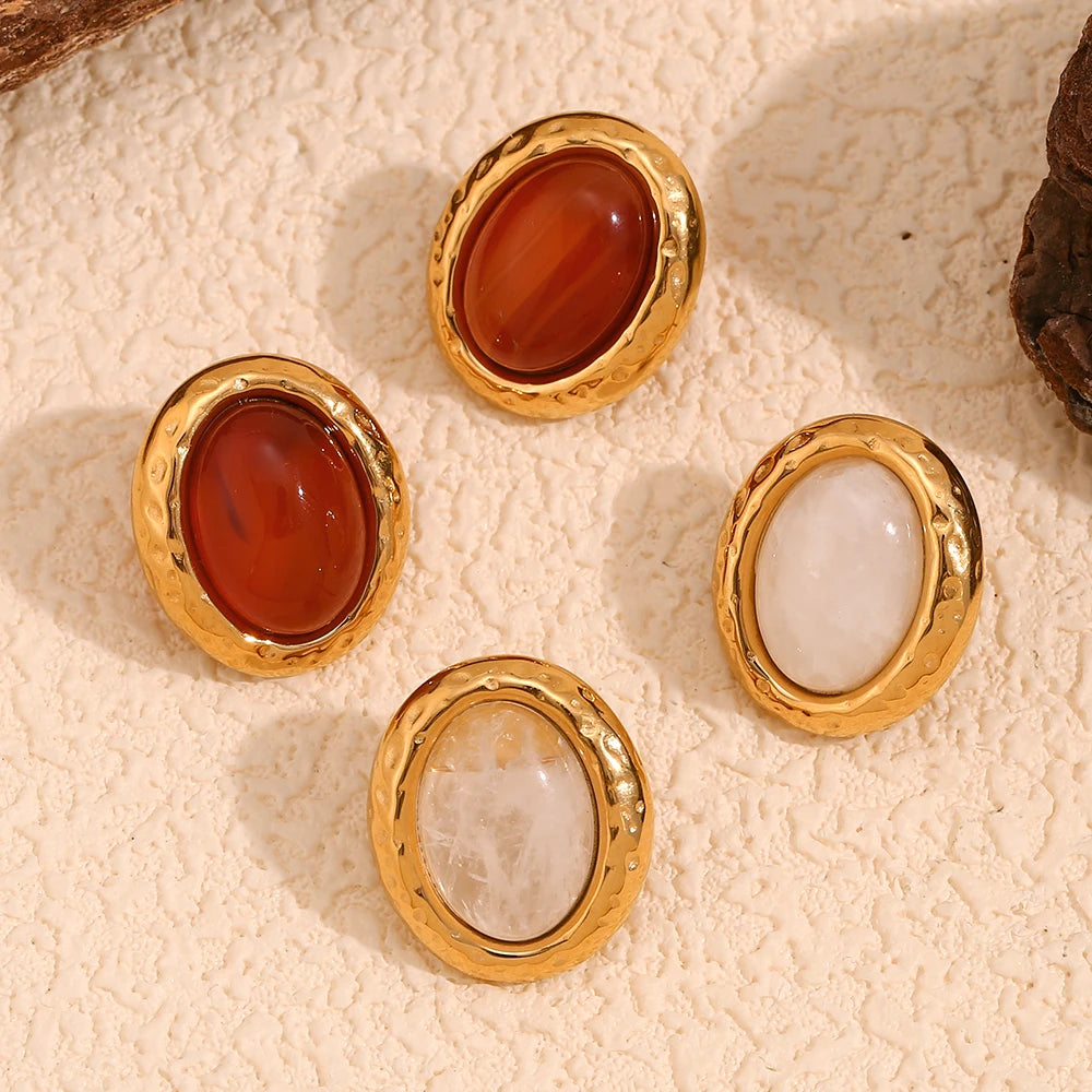 Vintage Oval Stone Hammered Earrings