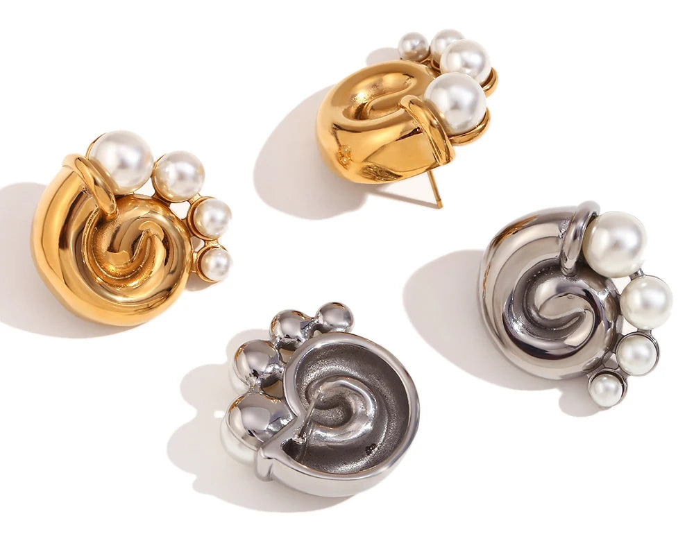 Swirl Snail Shell Pearl Earrings