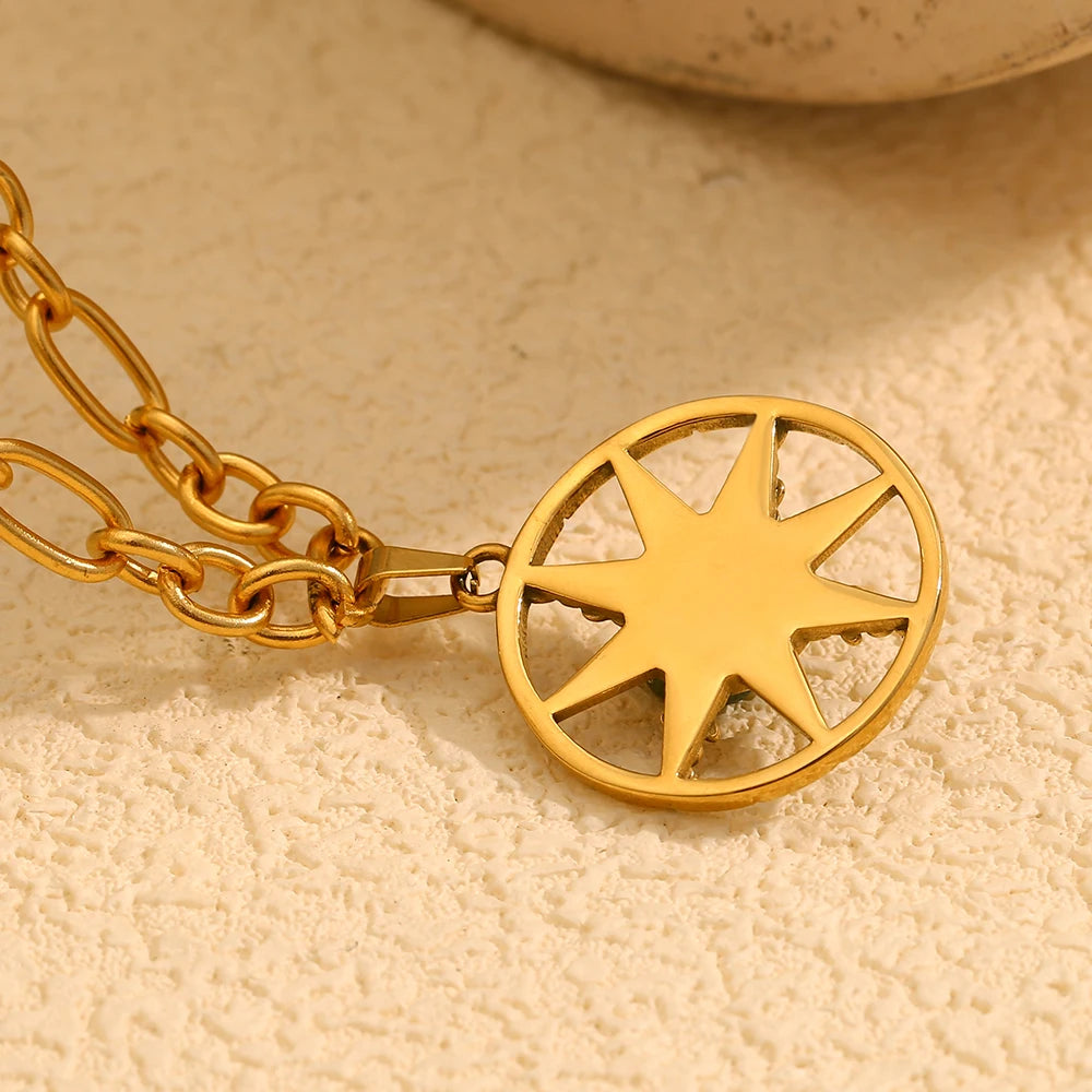 Eight-Pointed Star  Round Pendant Necklace