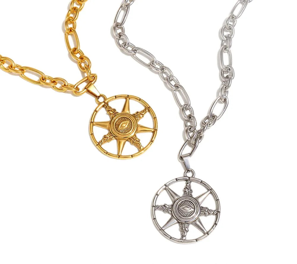Eight-Pointed Star  Round Pendant Necklace