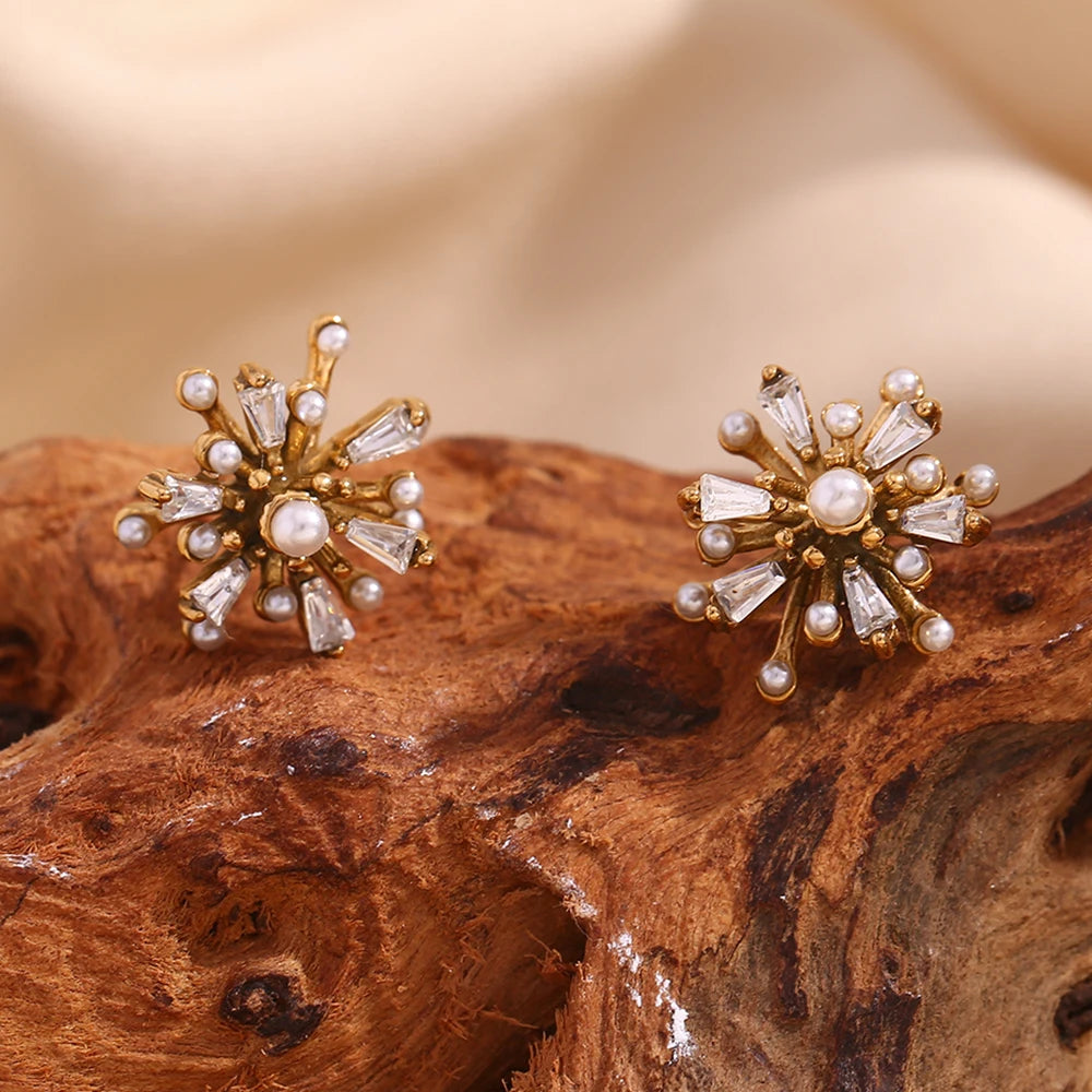 Sunflower Pearl & Zircon Stud Earrings