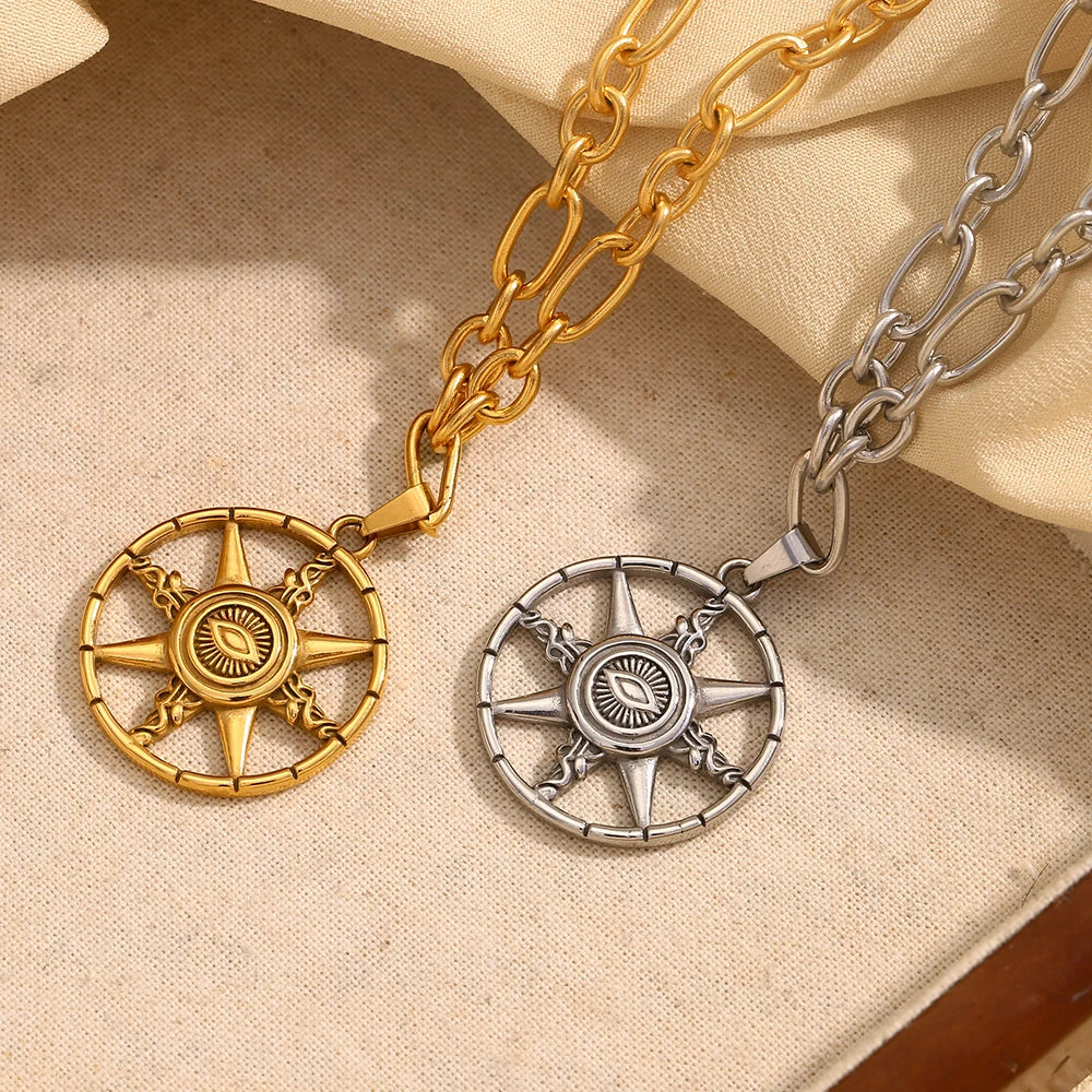 Eight-Pointed Star  Round Pendant Necklace