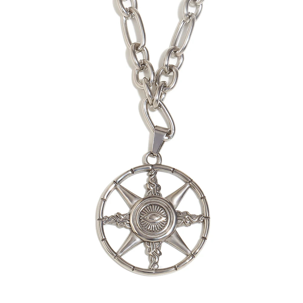 Eight-Pointed Star  Round Pendant Necklace