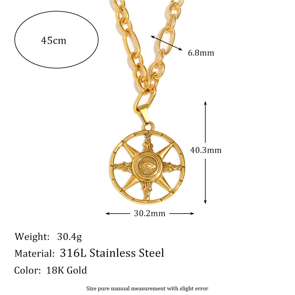 Eight-Pointed Star  Round Pendant Necklace