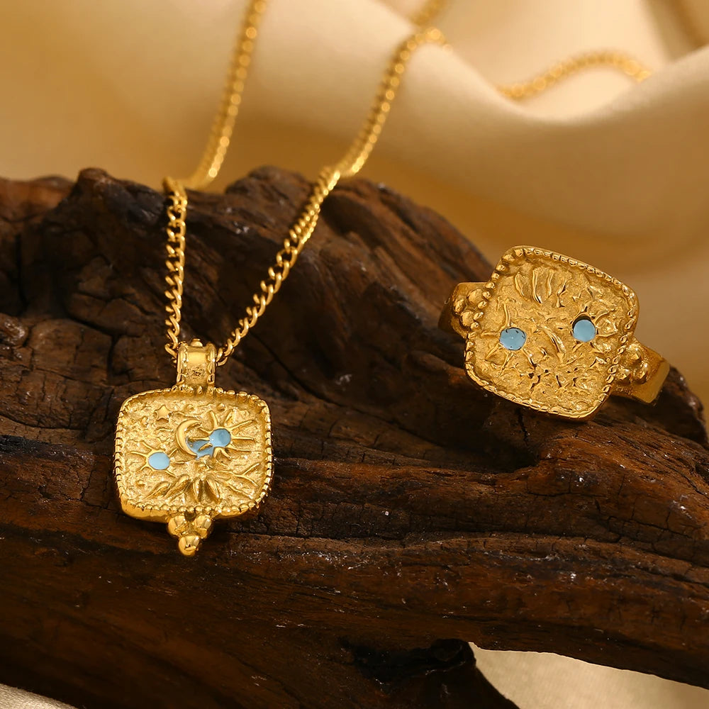 Blue Enamel Star Moon Sun Pendant Necklace
