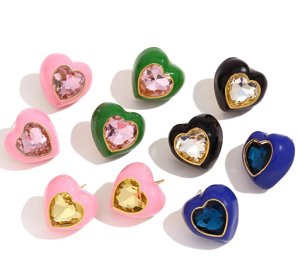 Heart Enamel Rhinestone Earrings