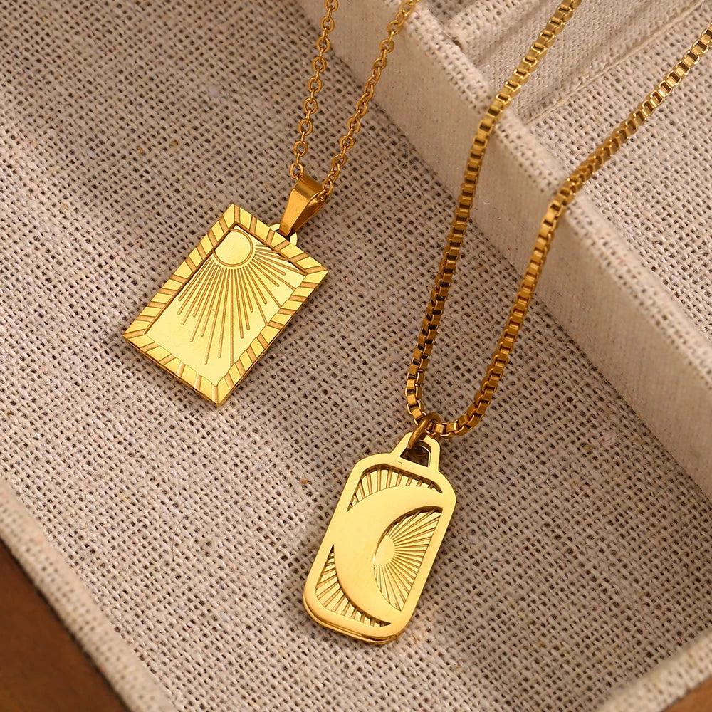 Sun Moon Rectangular Pearl Chain Necklace