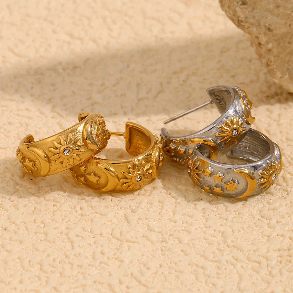 Sun, Moon and Star Earrings in 18K Stainless Steel with Zirconia