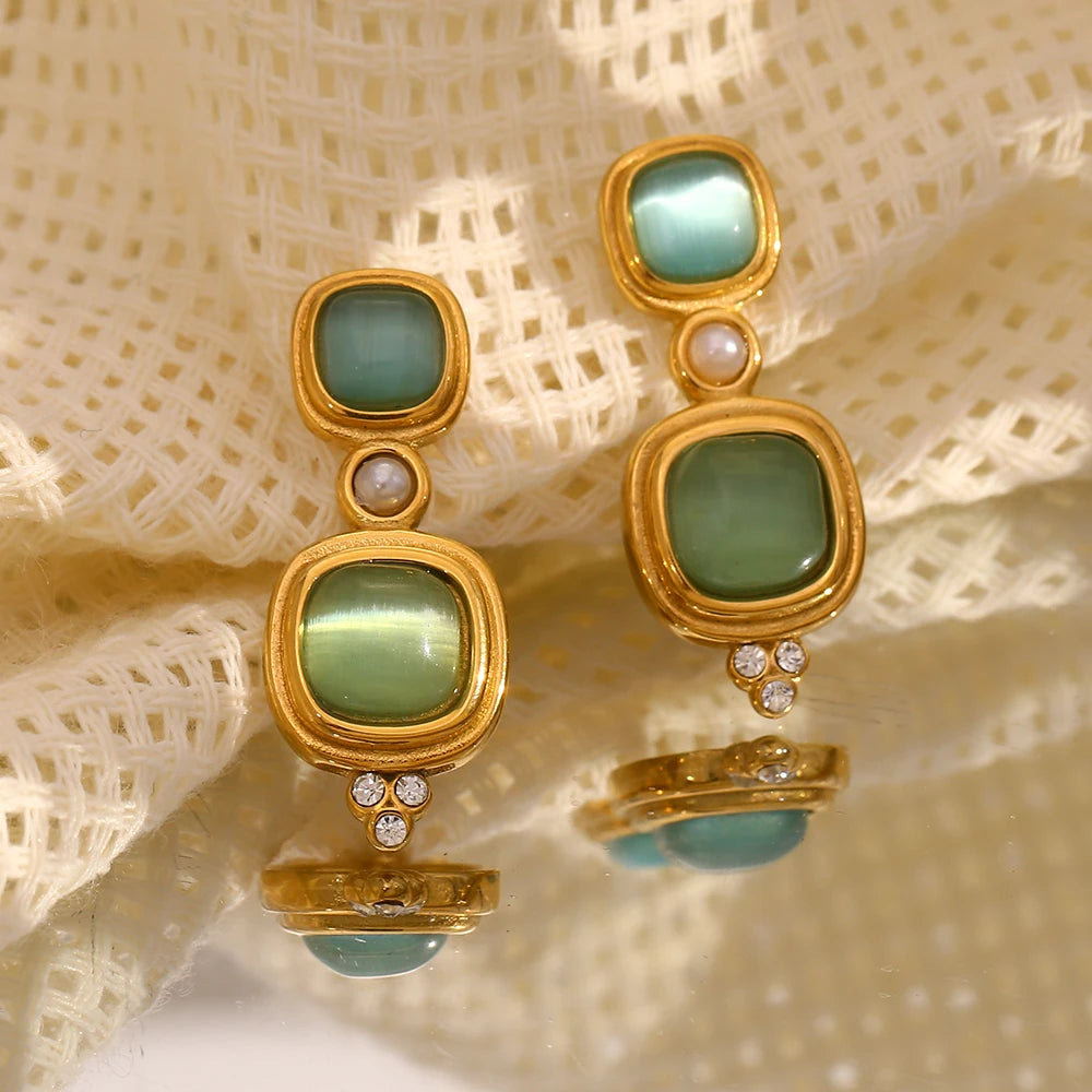 Vintage Pearl & Green Rectangular Earrings