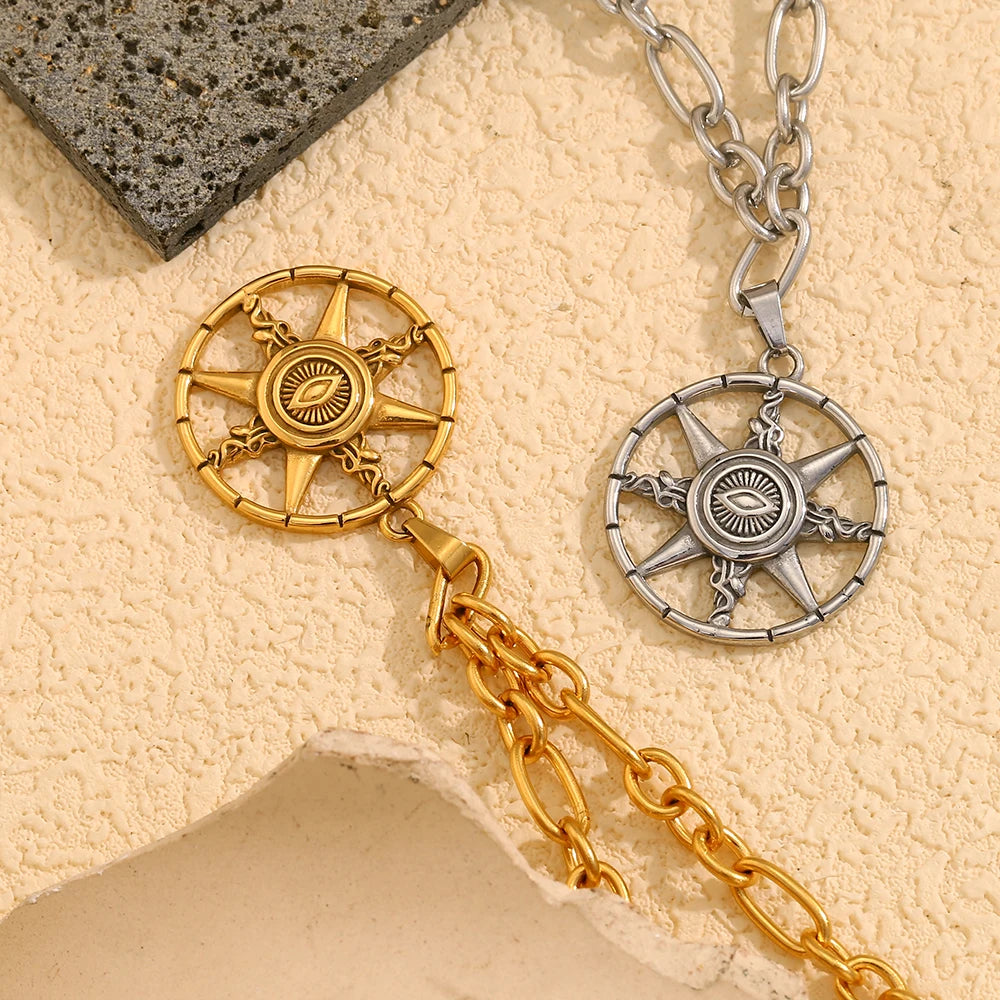 Eight-Pointed Star  Round Pendant Necklace