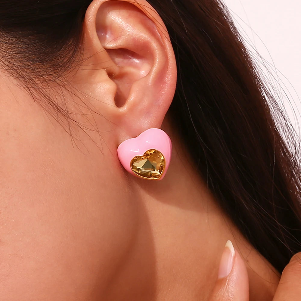 Heart Enamel Rhinestone Earrings