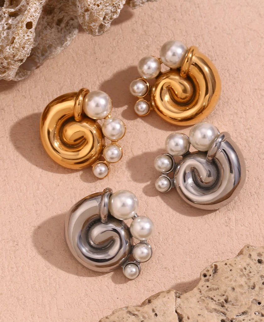 Swirl Snail Shell Pearl Earrings