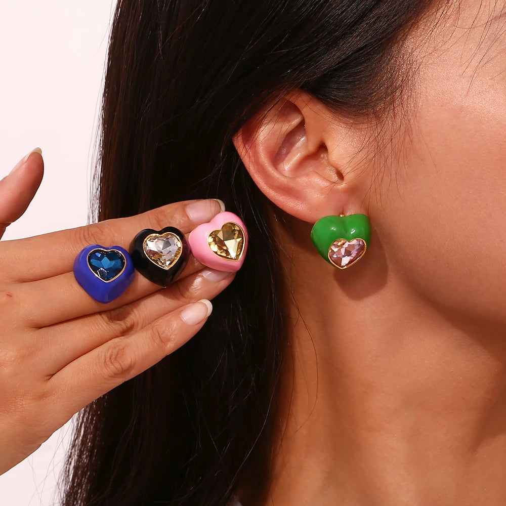 Heart Enamel Rhinestone Earrings