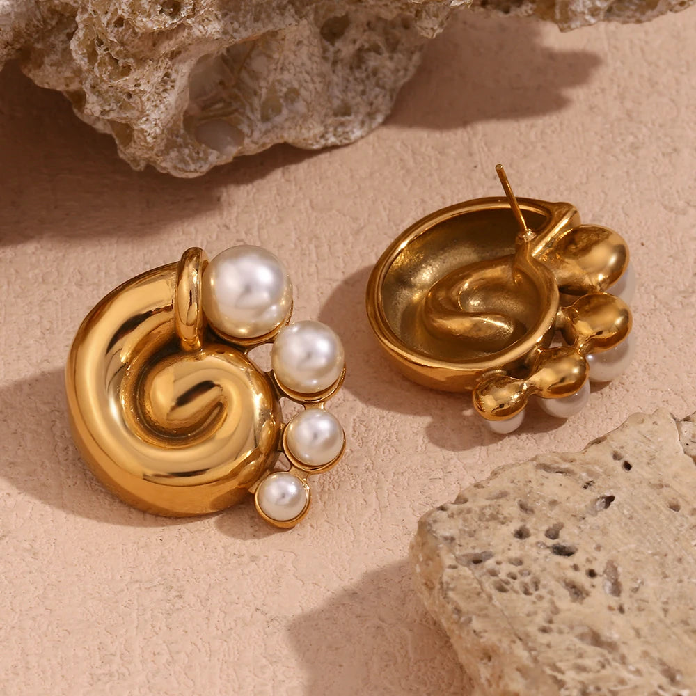 Swirl Snail Shell Pearl Earrings