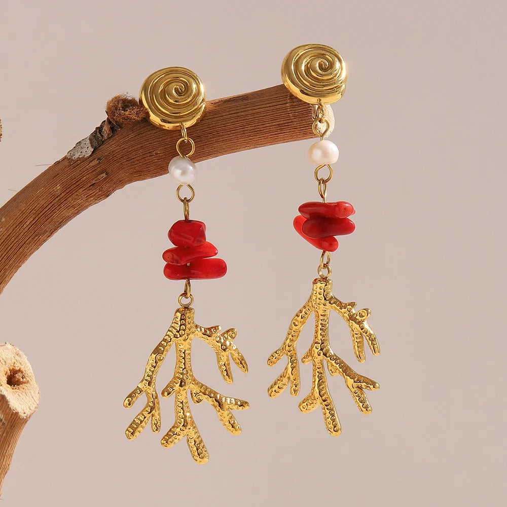 Coral Thread Earrings with Pearl