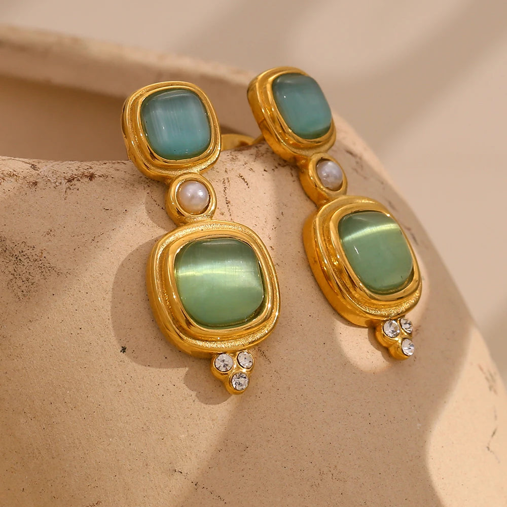 Vintage Pearl & Green Rectangular Earrings