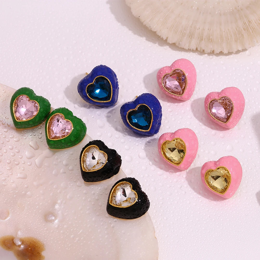 Heart Enamel Rhinestone Earrings