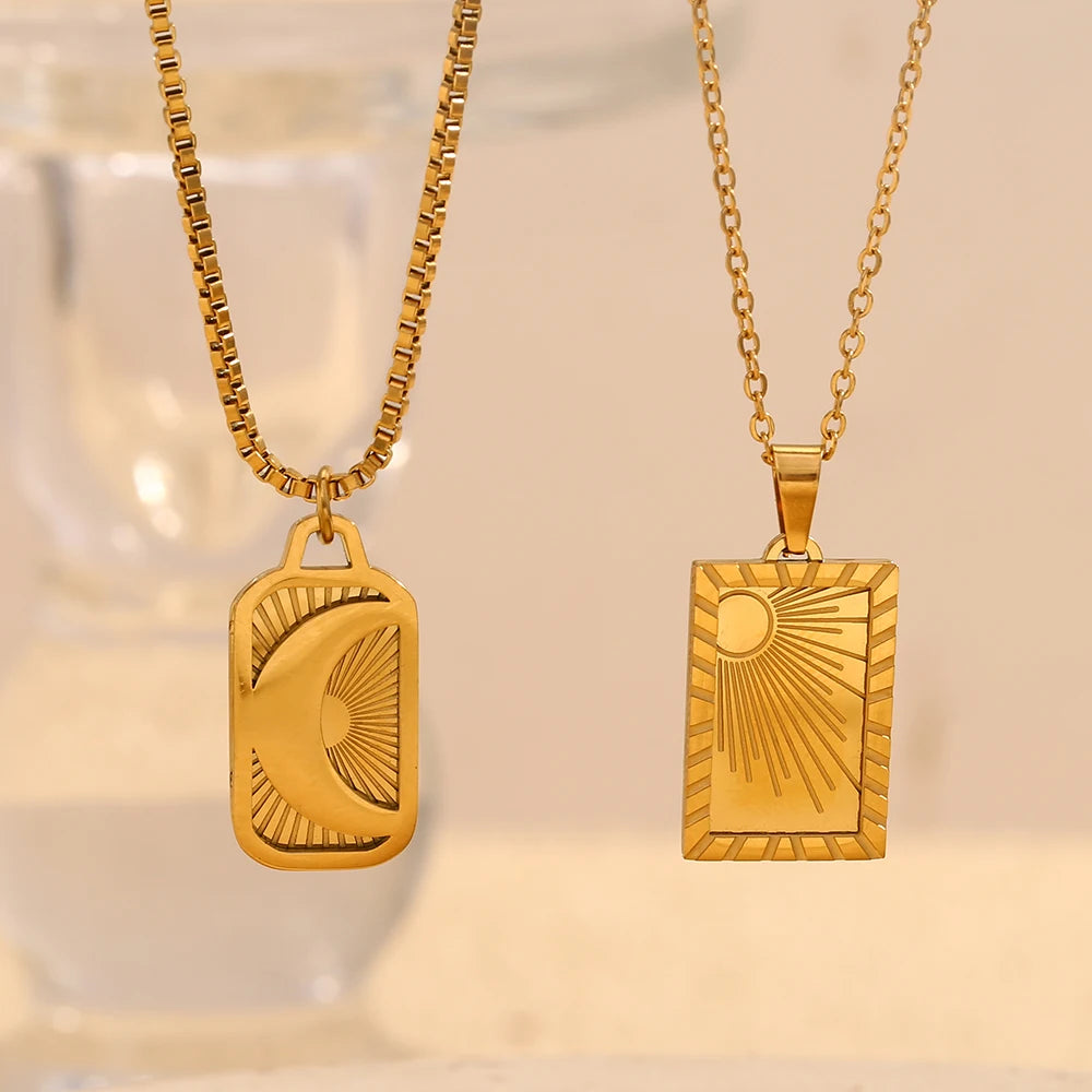 Sun Moon Rectangular Pearl Chain Necklace