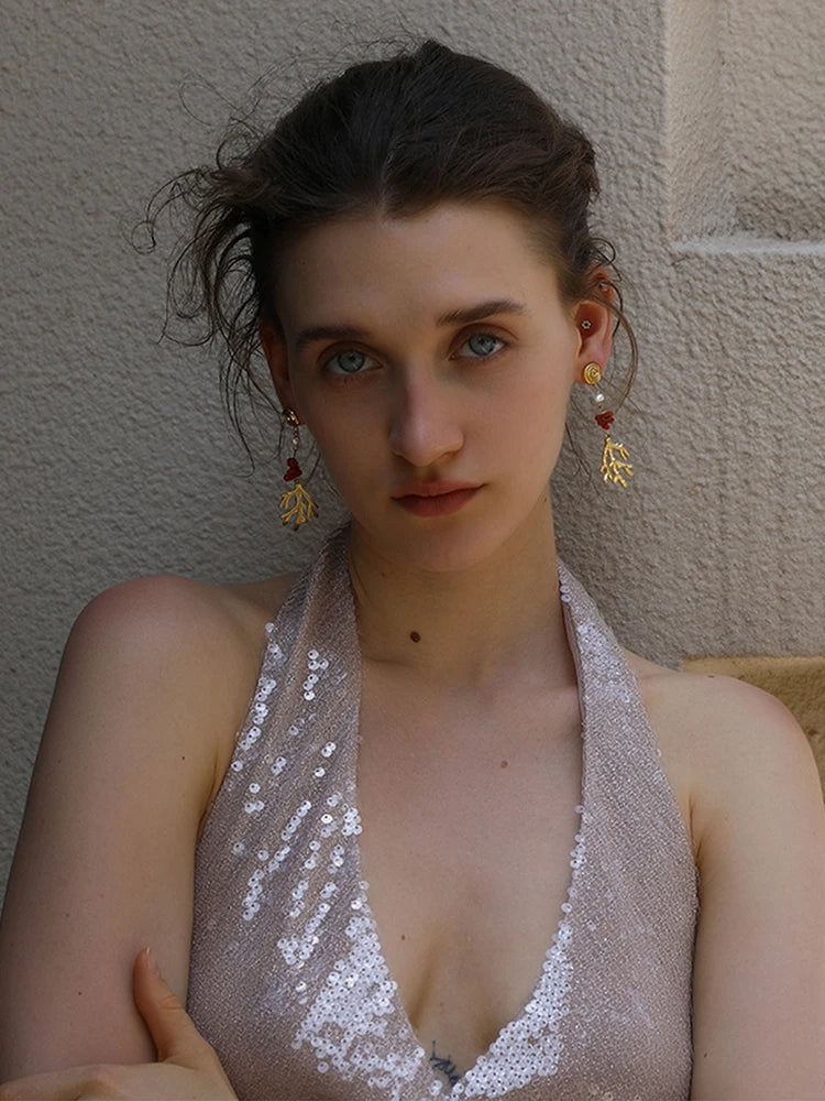 Coral Thread Earrings with Pearl