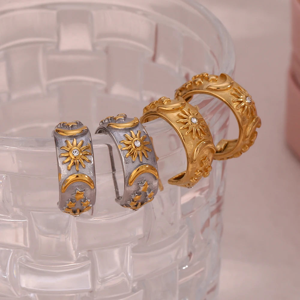 Sun, Moon and Star Earrings in 18K Stainless Steel with Zirconia