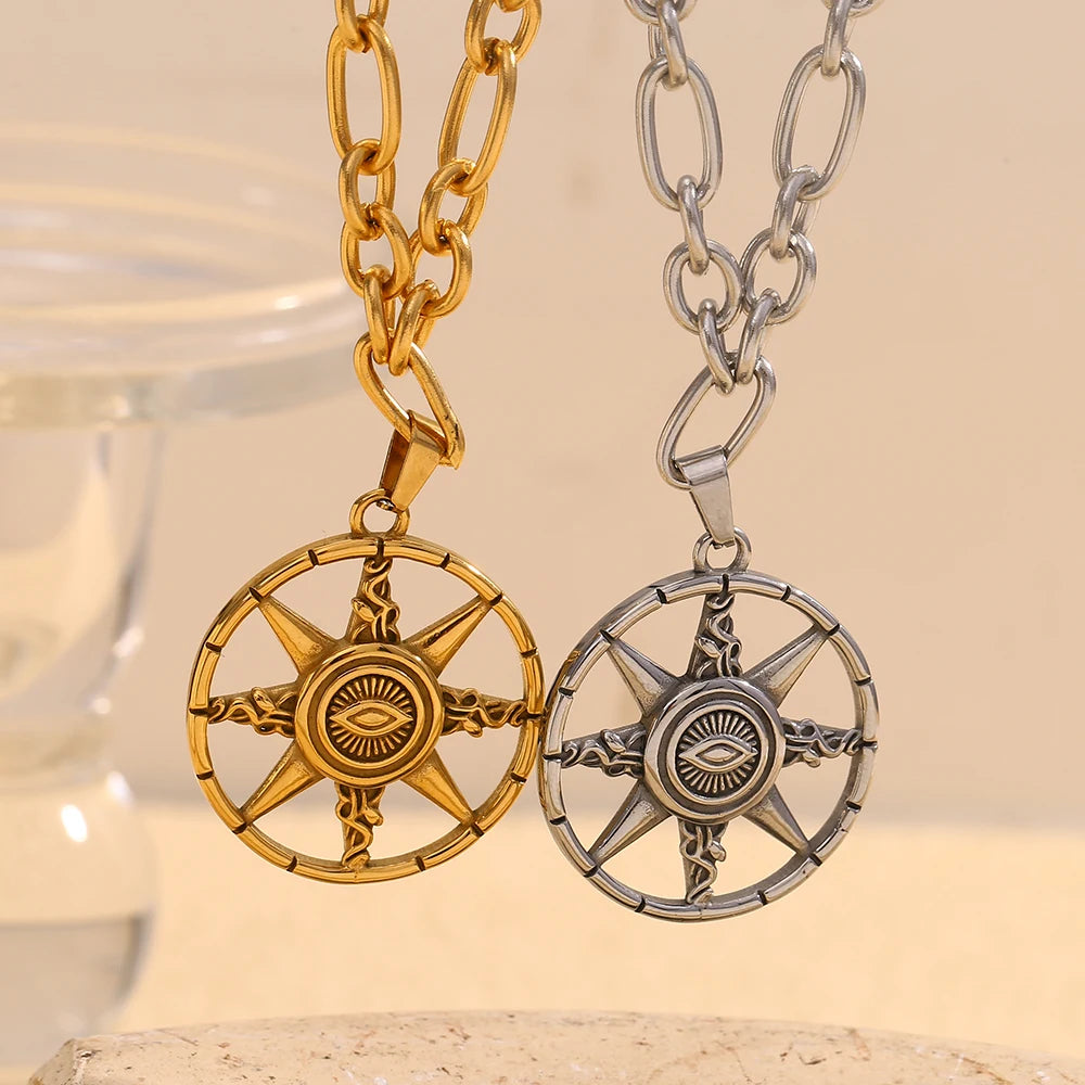 Eight-Pointed Star  Round Pendant Necklace