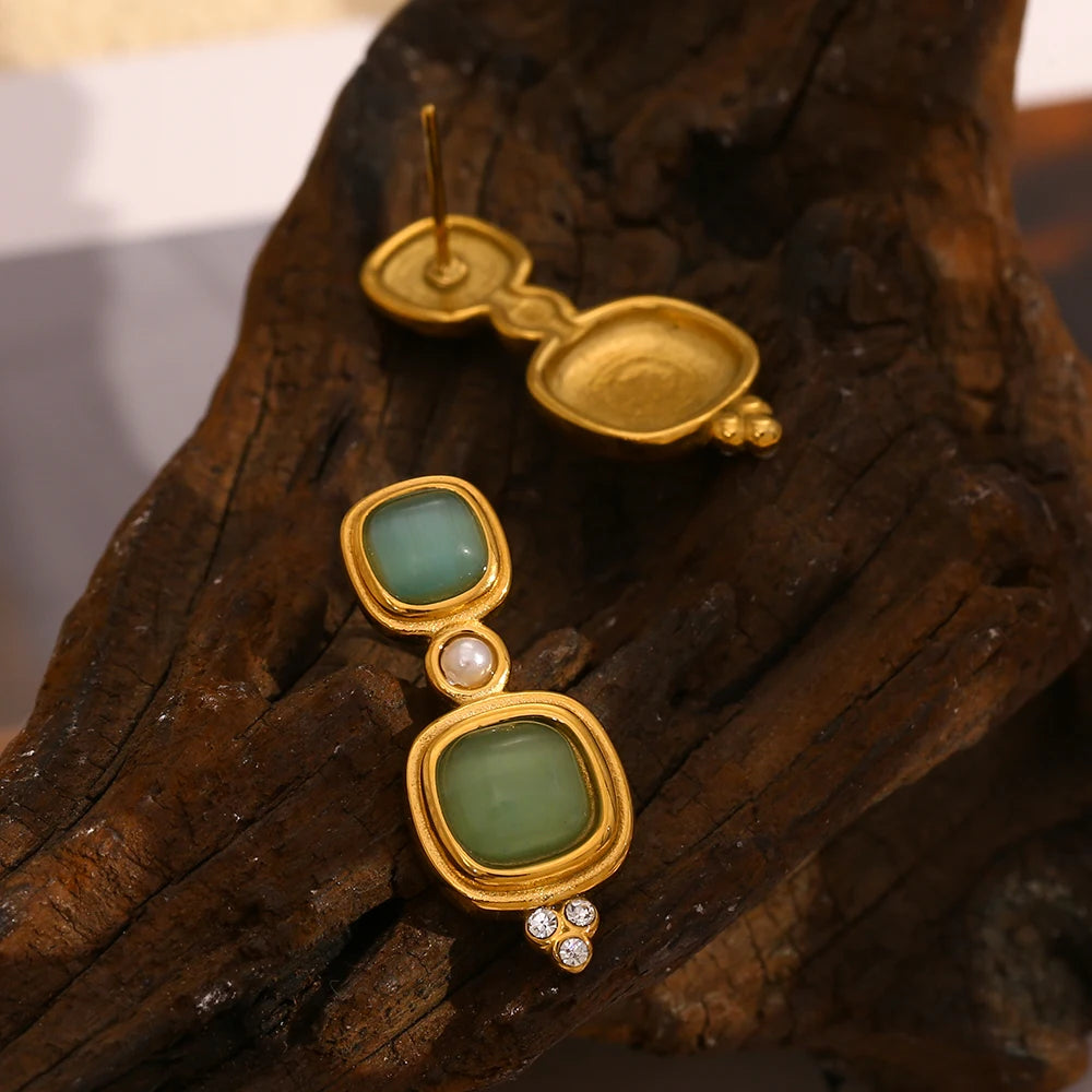 Vintage Pearl & Green Rectangular Earrings