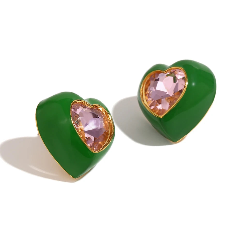 Heart Enamel Rhinestone Earrings