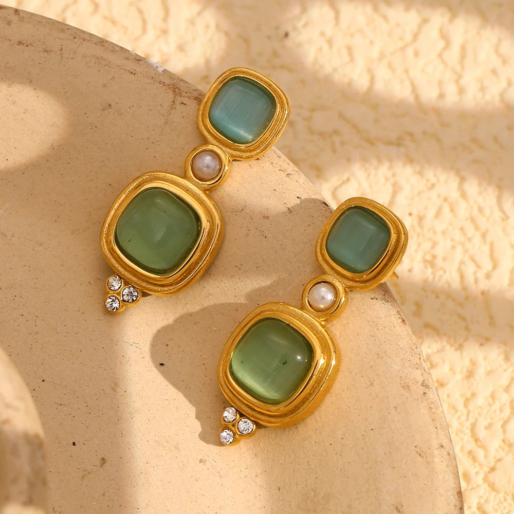 Vintage Pearl & Green Rectangular Earrings