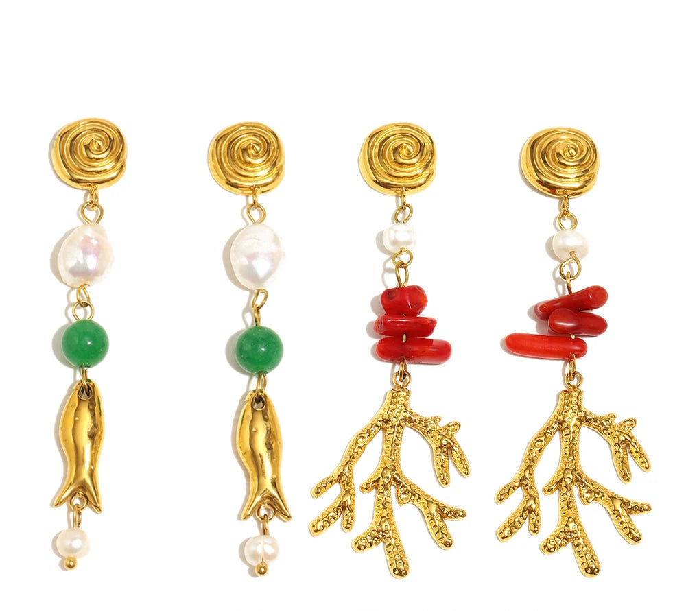 Coral Thread Earrings with Pearl