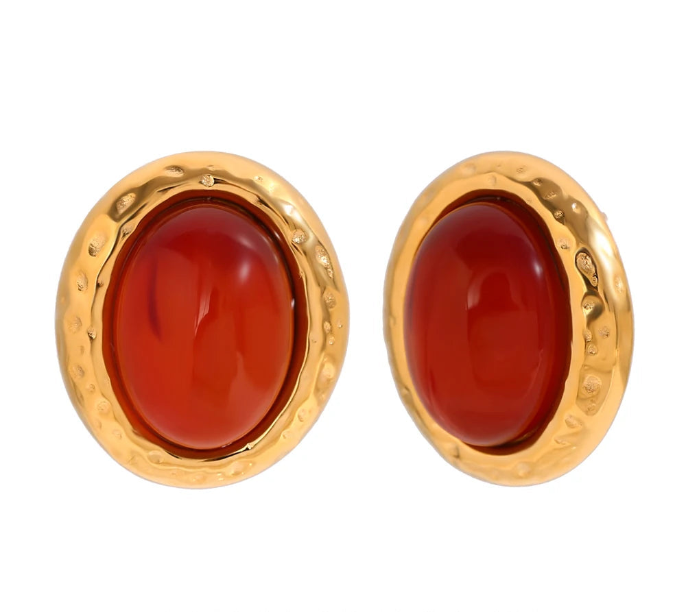 Vintage Oval Stone Hammered Earrings