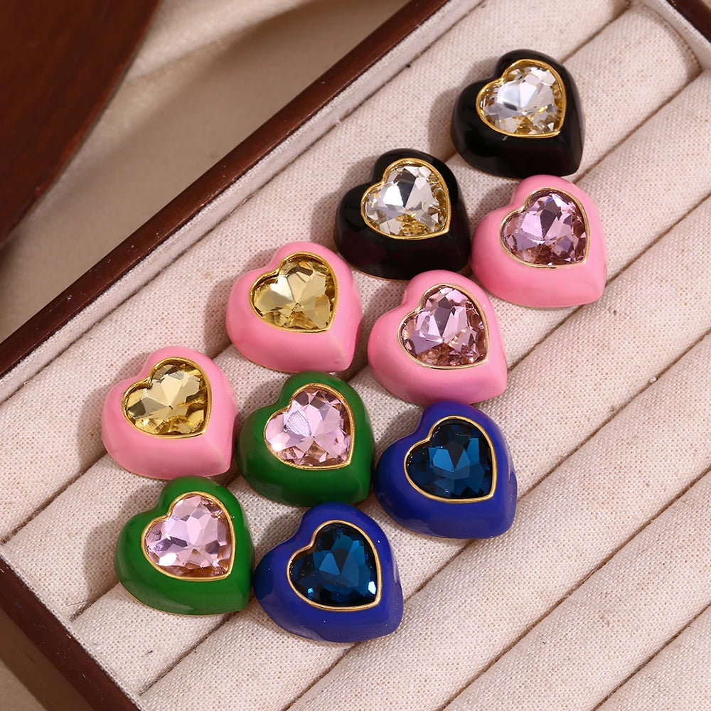 Heart Enamel Rhinestone Earrings