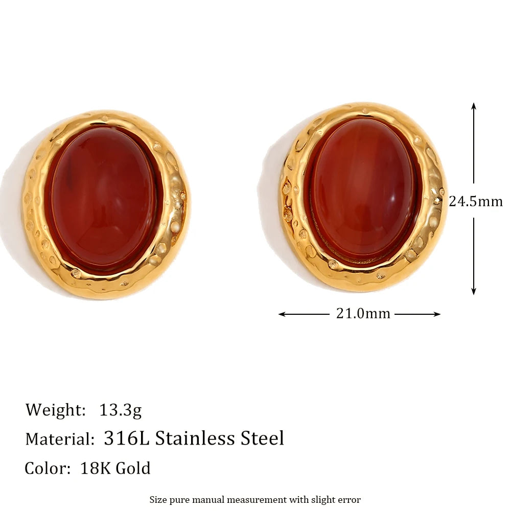 Vintage Oval Stone Hammered Earrings