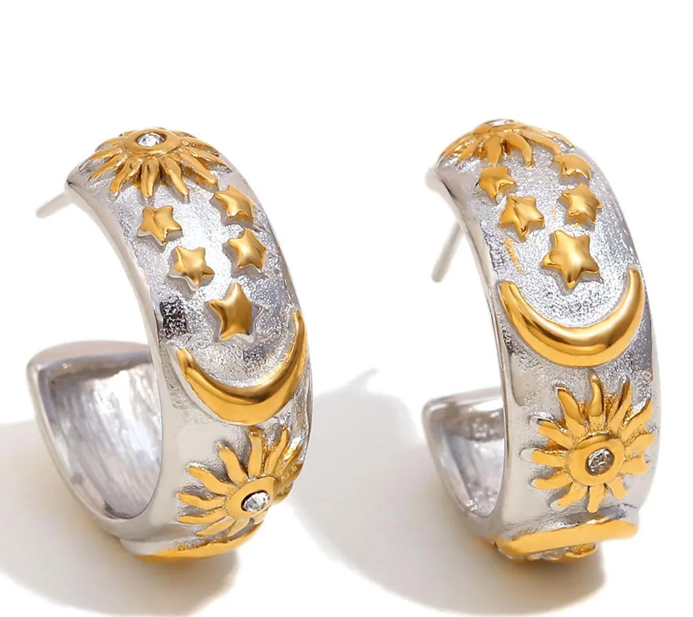Sun, Moon and Star Earrings in 18K Stainless Steel with Zirconia