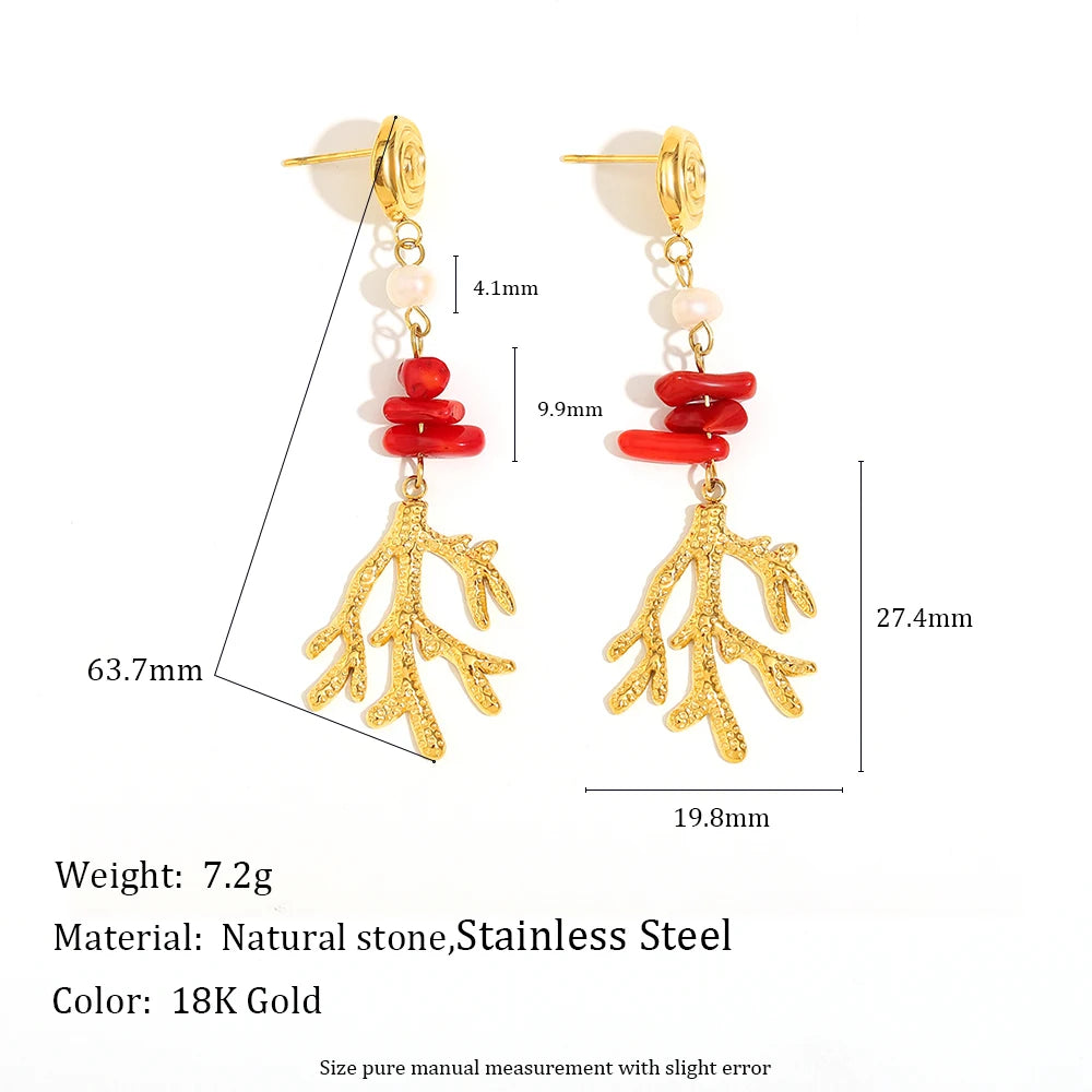 Coral Thread Earrings with Pearl