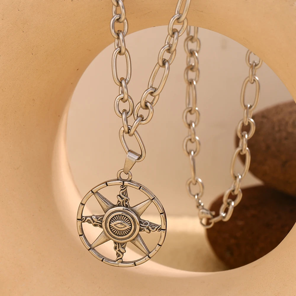 Eight-Pointed Star  Round Pendant Necklace