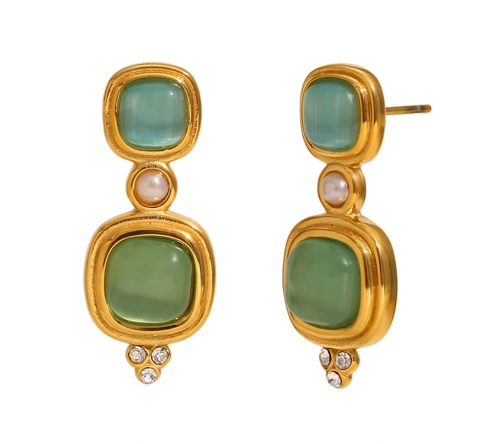 Vintage Pearl & Green Rectangular Earrings