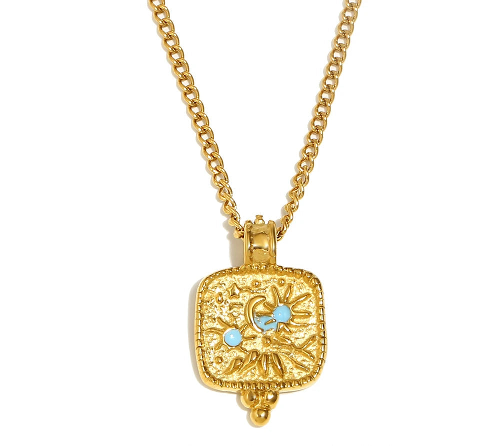 Blue Enamel Star Moon Sun Pendant Necklace