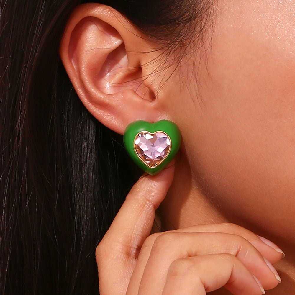 Heart Enamel Rhinestone Earrings