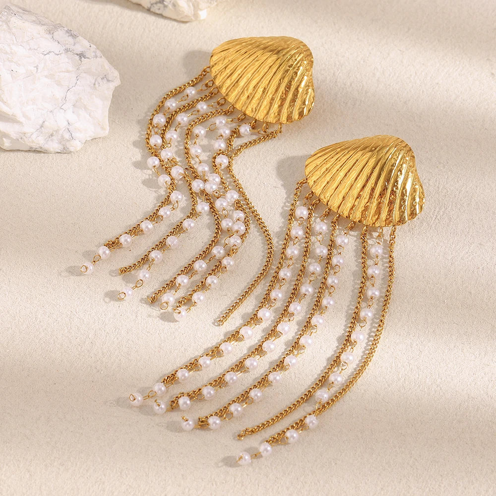 Tassel Earrings with Shell Pearl in 316L Stainless Steel