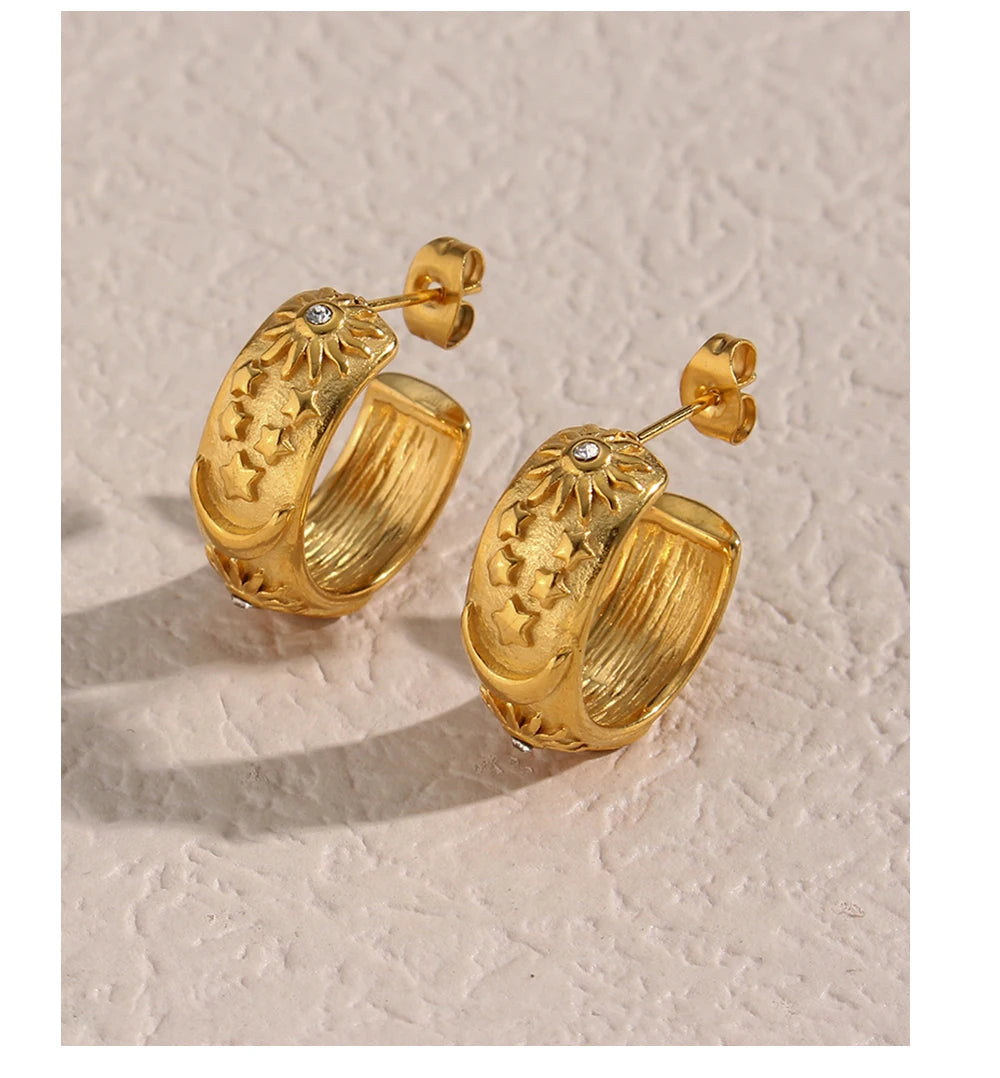 Sun, Moon and Star Earrings in 18K Stainless Steel with Zirconia