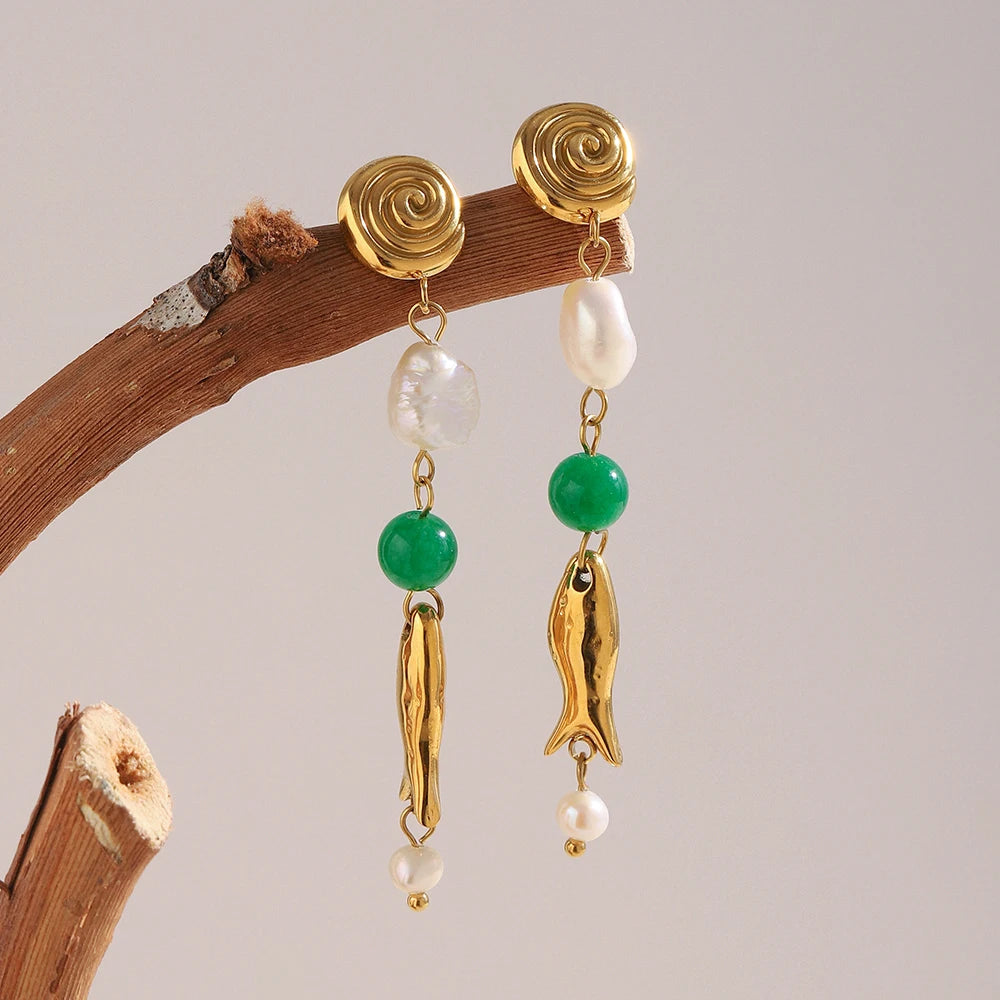 Coral Thread Earrings with Pearl