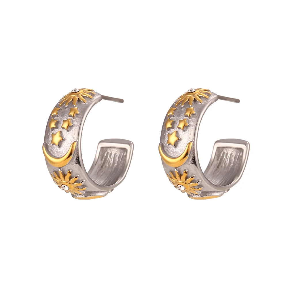 Sun, Moon and Star Earrings in 18K Stainless Steel with Zirconia