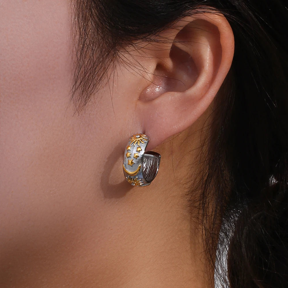Sun, Moon and Star Earrings in 18K Stainless Steel with Zirconia