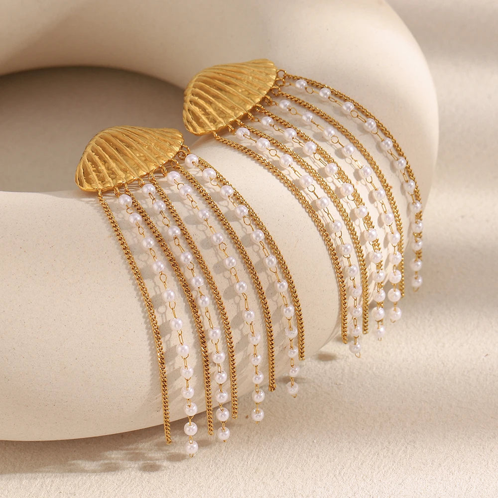 Tassel Earrings with Shell Pearl in 316L Stainless Steel