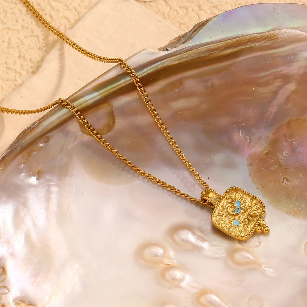 Blue Enamel Star Moon Sun Pendant Necklace