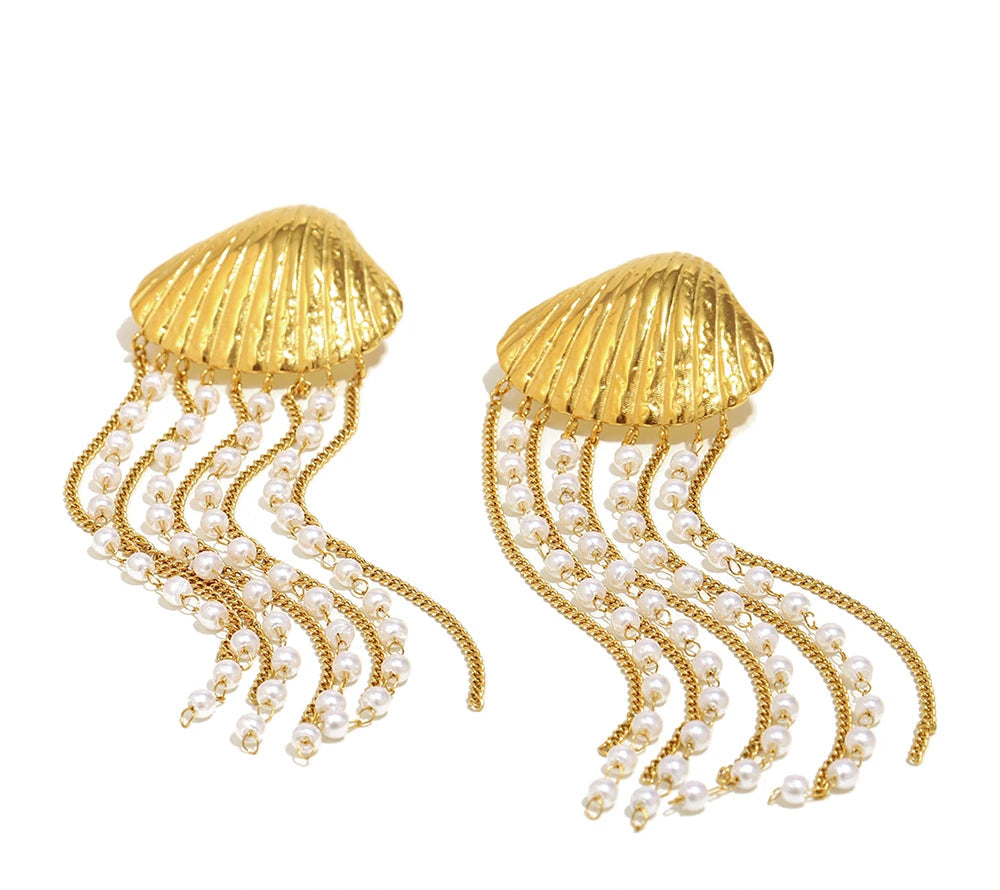 Tassel Earrings with Shell Pearl in 316L Stainless Steel