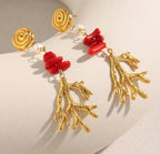 Coral Thread Earrings with Pearl