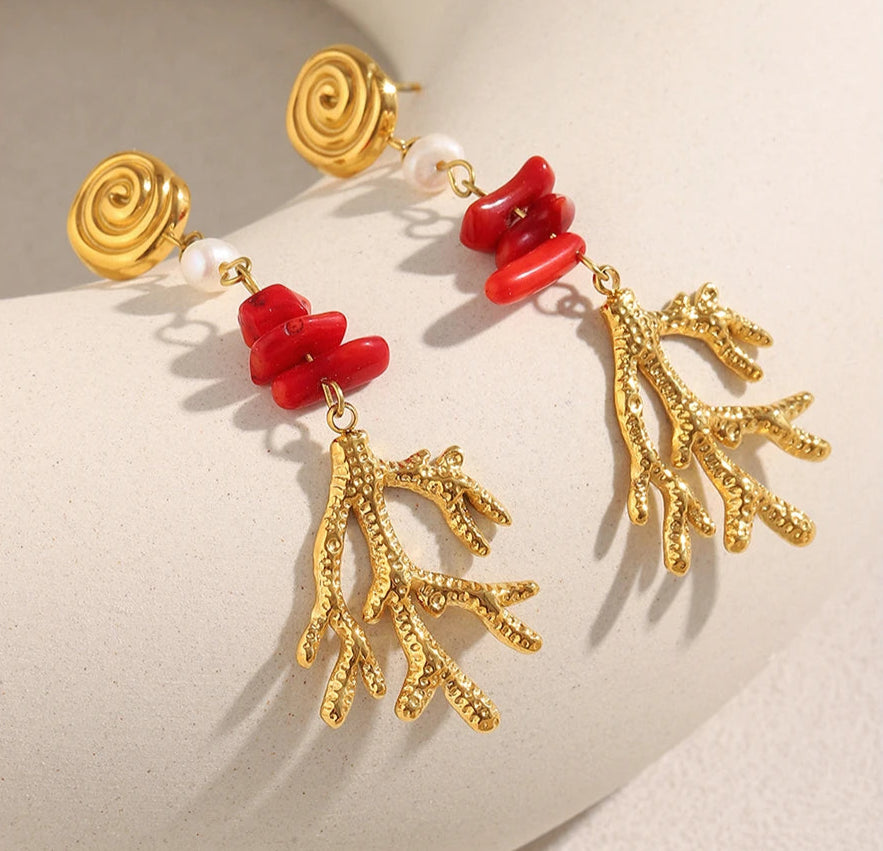 Coral Thread Earrings with Pearl